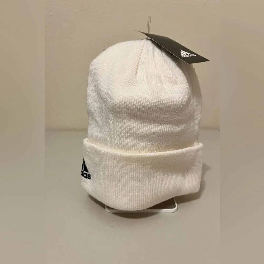Adidas Three Stripe One Size Cream White Black Fold Knit Hat Cap Beanie